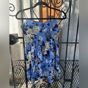 blue floral strapless dress